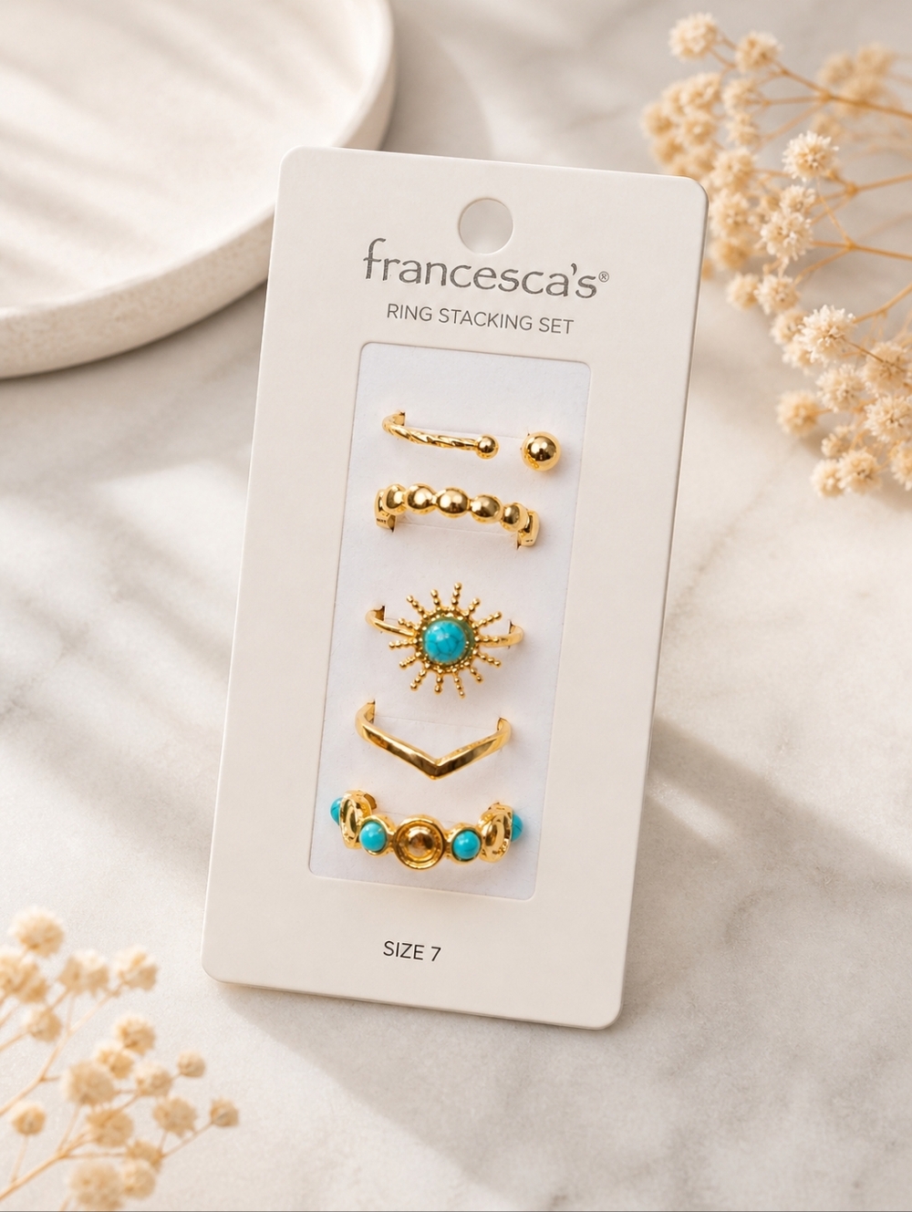 Francesca's NWT Gold & Turquoise Ring Stacking Set, Size 8
